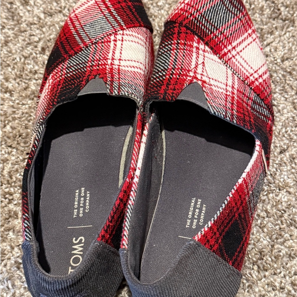 TOMS Red and Black Plaid Slip-Ons